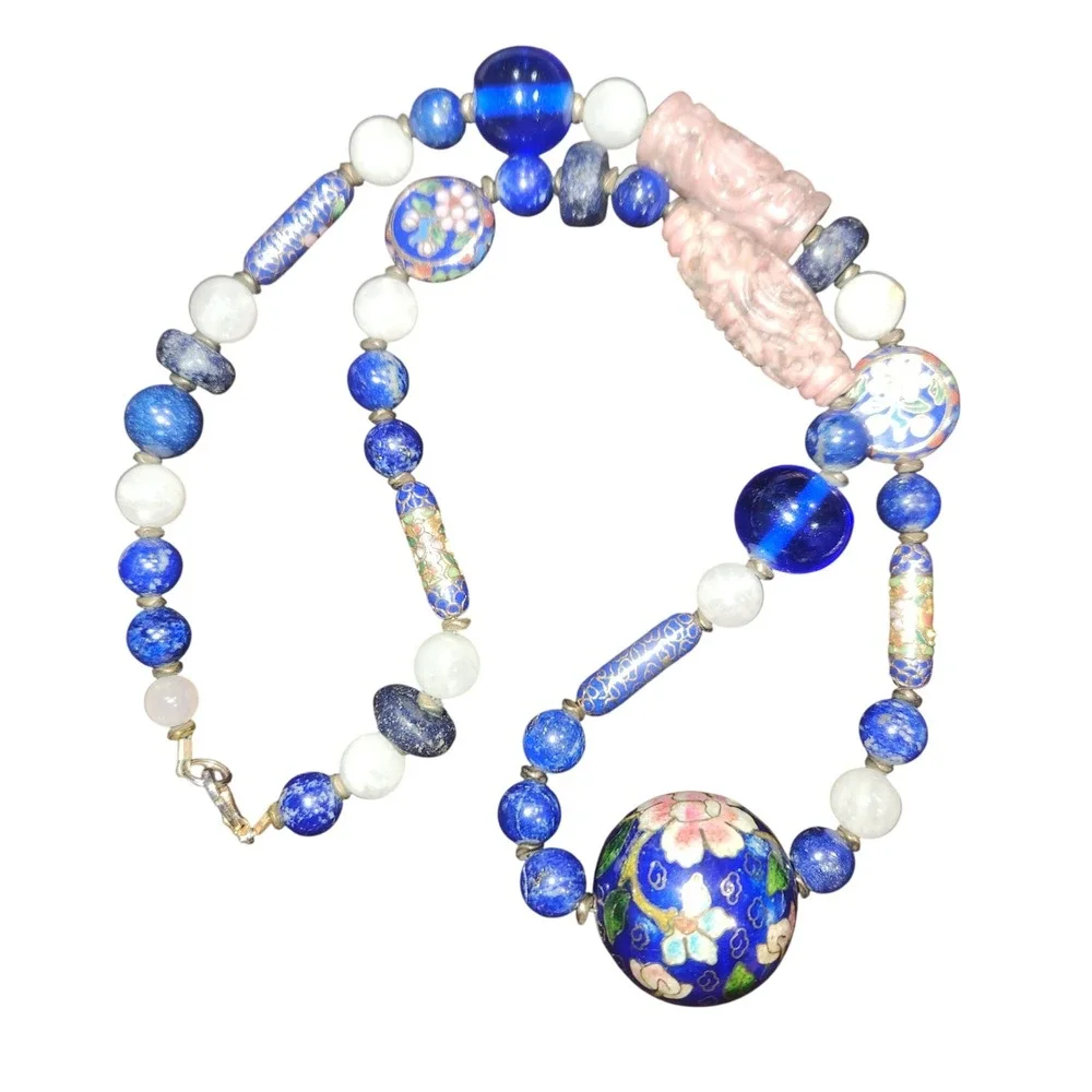 Vintage Chinese Export Lapis‎ Lazuli Pink stone Cloisonne Enamel Bead Necklace
